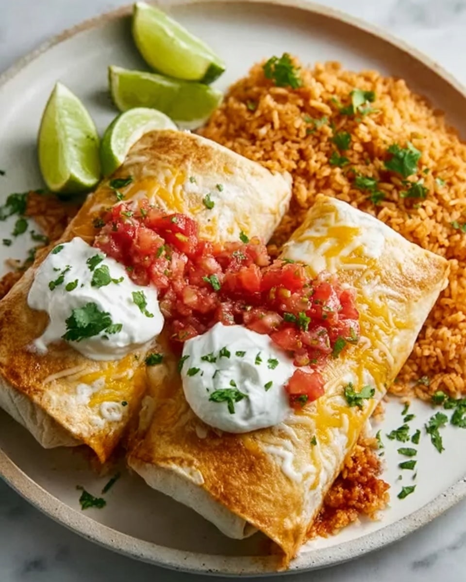 Large white serving plate showcasing two whole golden-brown burritos, topped with melted shredded cheese, dollops of sour cream, and vibrant salsa, accompanied by a generous portion of seasoned Mexican rice and fresh lime wedges on the side, garnished with chopped cilantro, presented on a white marble surface with natural lighting for a professional, appetizing hero shot, photo taken with an iphone --ar 4:5 --v 7