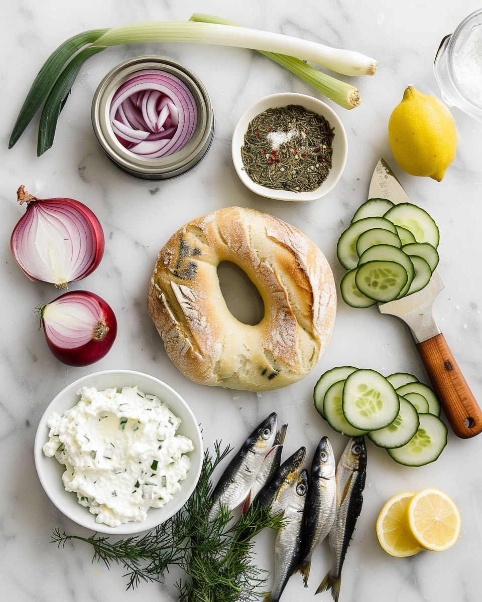 Single white plate featuring one open-faced bagel topped with a thick layer of creamy spread, thinly sliced radishes and cucumbers, whole pickled fish arranged in even layers, fresh dill sprigs, capers scattered on top, and delicate rings of red onion adding texture and color, close-up angle emphasizing the moist interior of the fish and the crisp freshness of the vegetables, natural light highlighting the contrast and details, placed on a white marble background, styled and ready to eat portion photo taken with an iphone --ar 4:5 --v 7