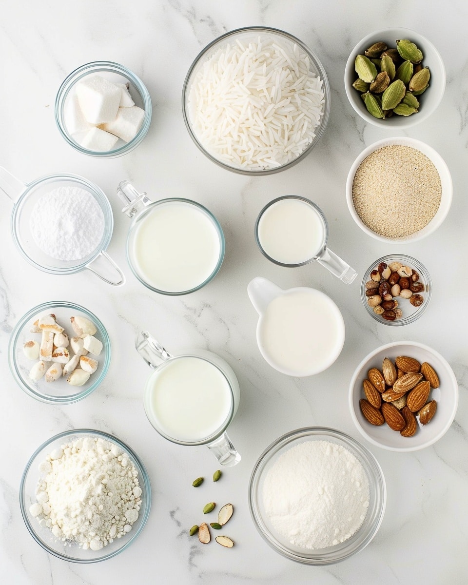 Single white bowl with a close-up view of creamy kheer rice pudding garnished with chopped nuts, saffron strands, and a fresh mint leaf in the center, highlighting the smooth texture and small rice grains dispersed throughout, placed on a white marble surface with natural lighting, styled as an intimate plated serving from a food blog, photo taken with an iphone --ar 4:5 --v 7