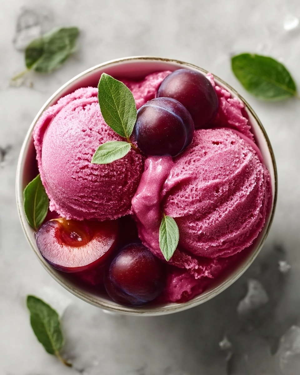 Large white bowl filled with vibrant pink plum sorbet, featuring a smooth icy texture and swirled perfectly to showcase its refreshing nature, garnished with whole ripe plums and fresh green leaves, the entire dish presented on a white marble surface with natural lighting, professional food styling shot taken with an iphone --ar 4:5 --v 7
