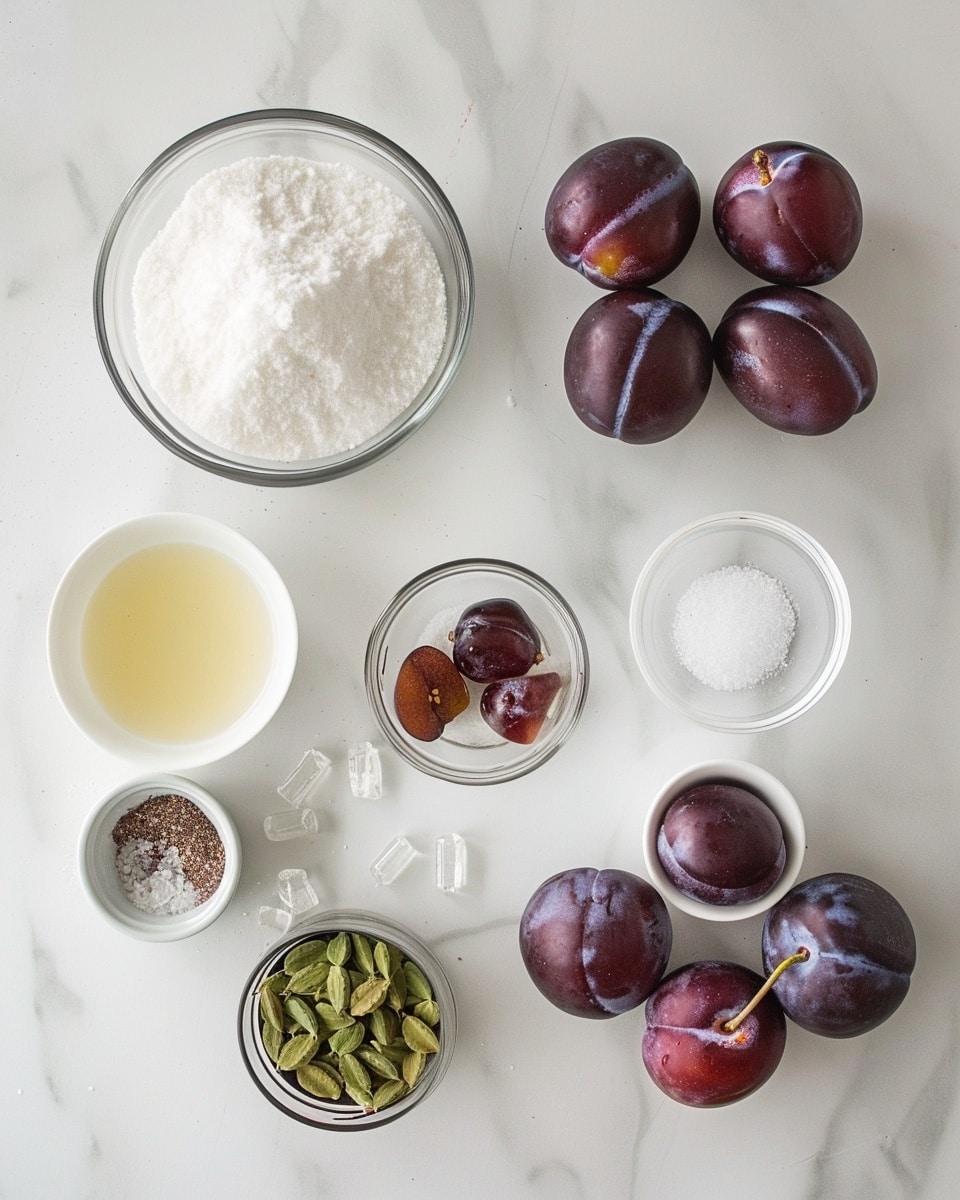 Single white dessert plate featuring a single serving slice of rich purple plum ice cream with smooth, creamy texture and vibrant magenta color, topped with a glossy halved fresh plum showing its juicy interior, garnished with a small green leaf on top, close-up angled shot that reveals the soft, velvety ice cream texture and the fresh fruit detail, photographed on a white marble background under natural lighting, styled elegantly as a plated portion for one, photo taken with an iphone --ar 4:5 --v 7