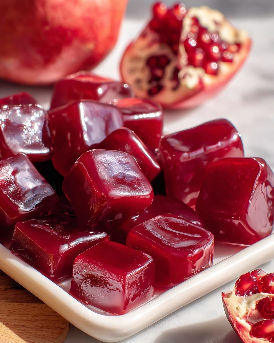 Large white rectangular serving dish filled with multiple glossy, deep red pomegranate jelly candies, each piece smooth and translucent with light reflecting off the surface, accompanied by a whole pomegranate cut in half revealing bright red seeds, the full arrangement captured from a close 3/4 angle on a white marble countertop with natural light highlighting the rich colors and textures, professional food magazine hero shot photo taken with an iphone --ar 4:5 --v 7
