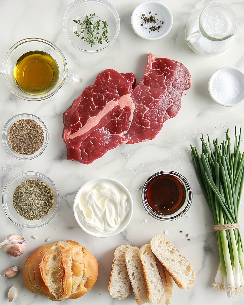 Single white plate featuring one plated open-faced sandwich slice topped with tender, thinly sliced rare roast beef layered over a smooth spread of creamy horseradish sauce, garnished with glistening caramelized onions and small pieces of fresh green chives scattered on top, close-up angled view highlighting the juicy pink interior of the beef and the contrasting textures of the soft bread and glossy onions, natural lighting on a white marble background, intimate food blog style photo taken with an iphone --ar 4:5 --v 7
