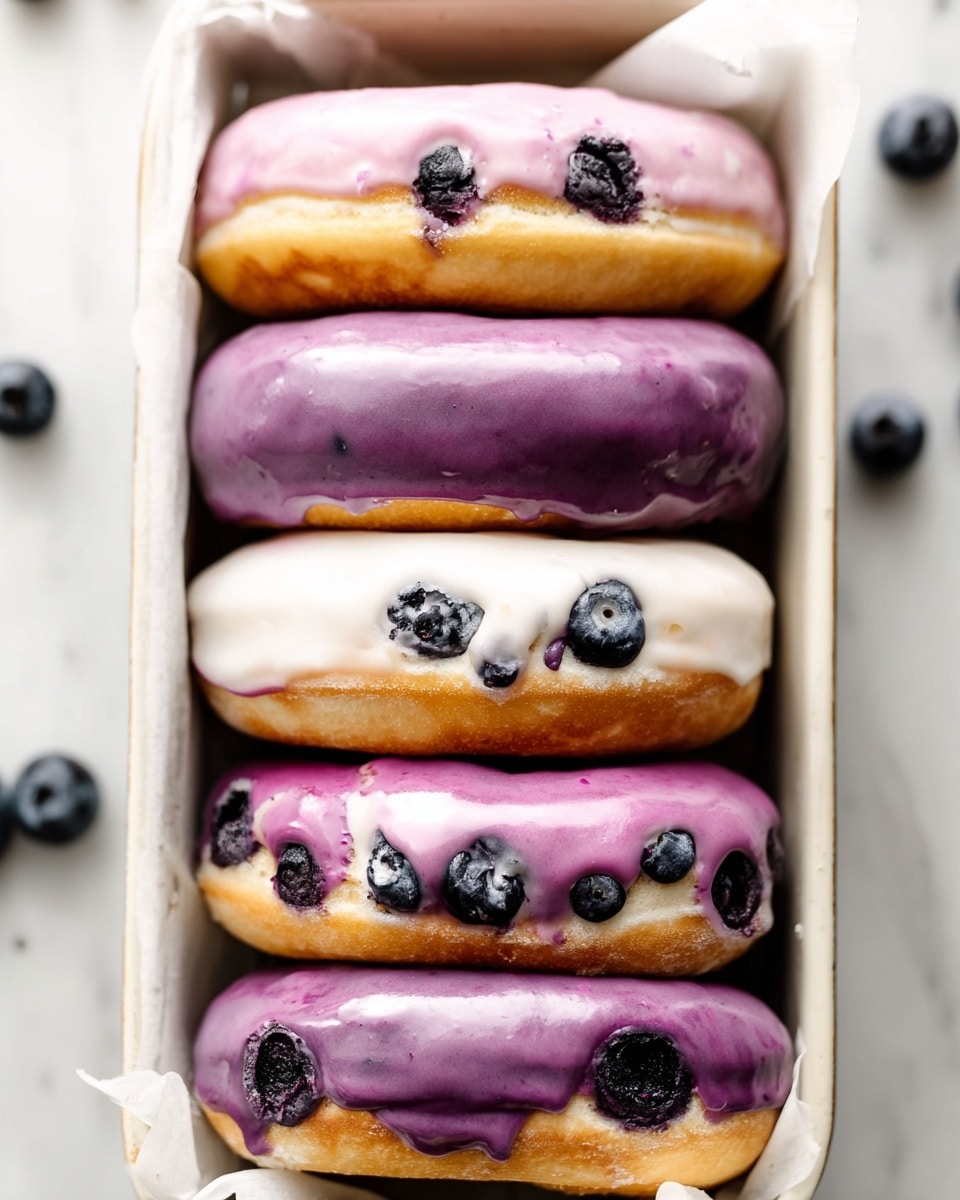 Long rectangular white baking pan filled with a row of five plump, whole blueberry donuts, each generously coated in smooth blueberry and vanilla glazes in alternating purple and white shades, with the fresh blueberries peeking through the fluffy golden dough, arranged neatly on white parchment paper, photographed at a 3/4 angle on a white marble countertop with natural lighting, styled as a hero food magazine shot, photo taken with an iphone --ar 4:5 --v 7