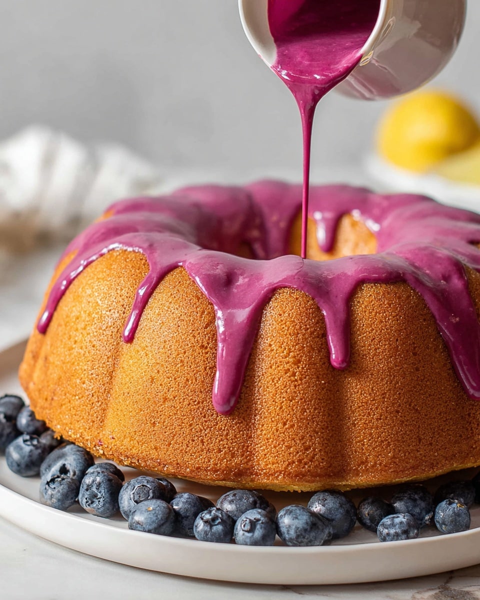 Whole classic bundt cake on a white plate, golden brown with a smooth, perfectly baked surface, being poured over with a vibrant purple glaze cascading evenly around the top ring, fresh blueberries scattered around the base, shot from a 3/4 angle on a white marble countertop with natural lighting, styled as a professional food magazine hero shot, photo taken with an iphone --ar 4:5 --v 7
