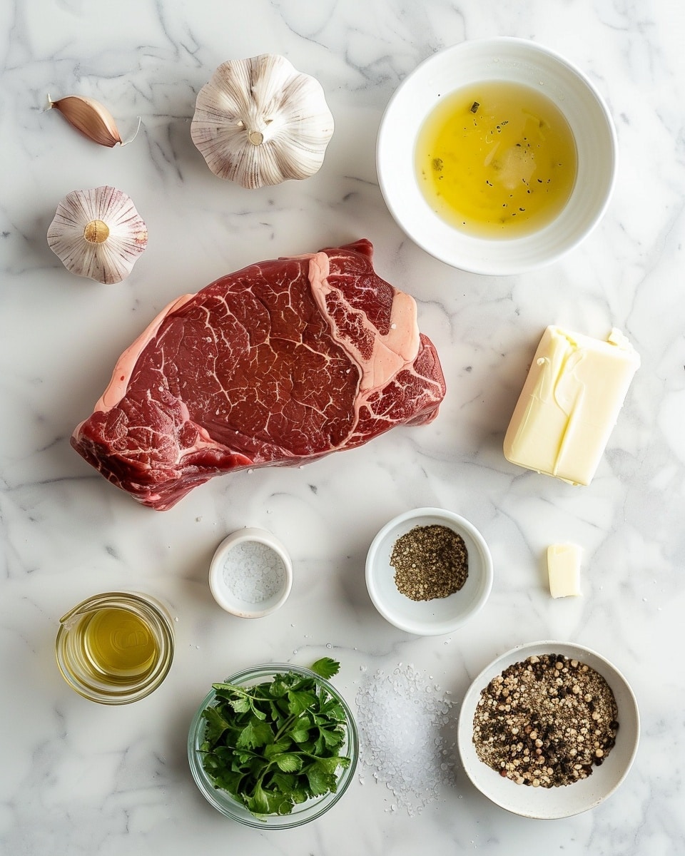 Single white plate holding a thick, perfectly cooked steak portion topped with a creamy mushroom and herb sauce that cascades down the sides, garnished with a fresh sprig of rosemary resting on top, close-up angled shot emphasizing the succulent, tender interior texture and caramelized crust, placed on a white marble surface under natural light, styled like a food blog’s plated serving photo taken with an iphone --ar 4:5 --v 7