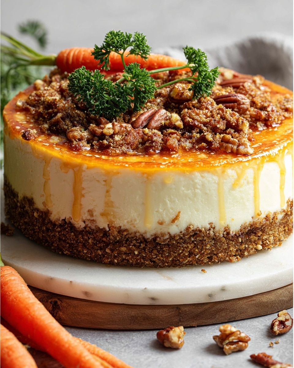 Whole round carrot cake cheesecake displayed on a white plate, featuring a smooth creamy cheesecake layer on a thick crumbly pecan and spice crust, topped with an even layer of sticky sweet orange glaze, adorned with a crunchy spiced streusel and whole fresh carrots with green tops and sprigs of parsley for garnish, photographed from a 3/4 angle with the entire cake fully visible on a white marble surface under natural light, professional food magazine style hero shot photo taken with an iphone --ar 4:5 --v 7