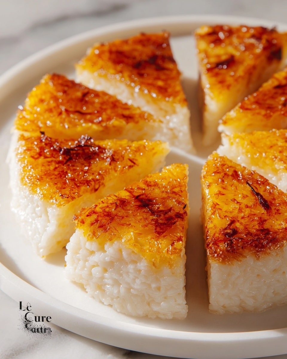 Whole golden-topped coconut rice pudding cake arranged in a full circular shape on a large white plate, showcasing its firm, textured coconut interior with a glossy caramelized crust, photographed from a professional 3/4 angle on a white marble surface under natural lighting, hero food magazine style photo taken with an iphone --ar 4:5 --v 7