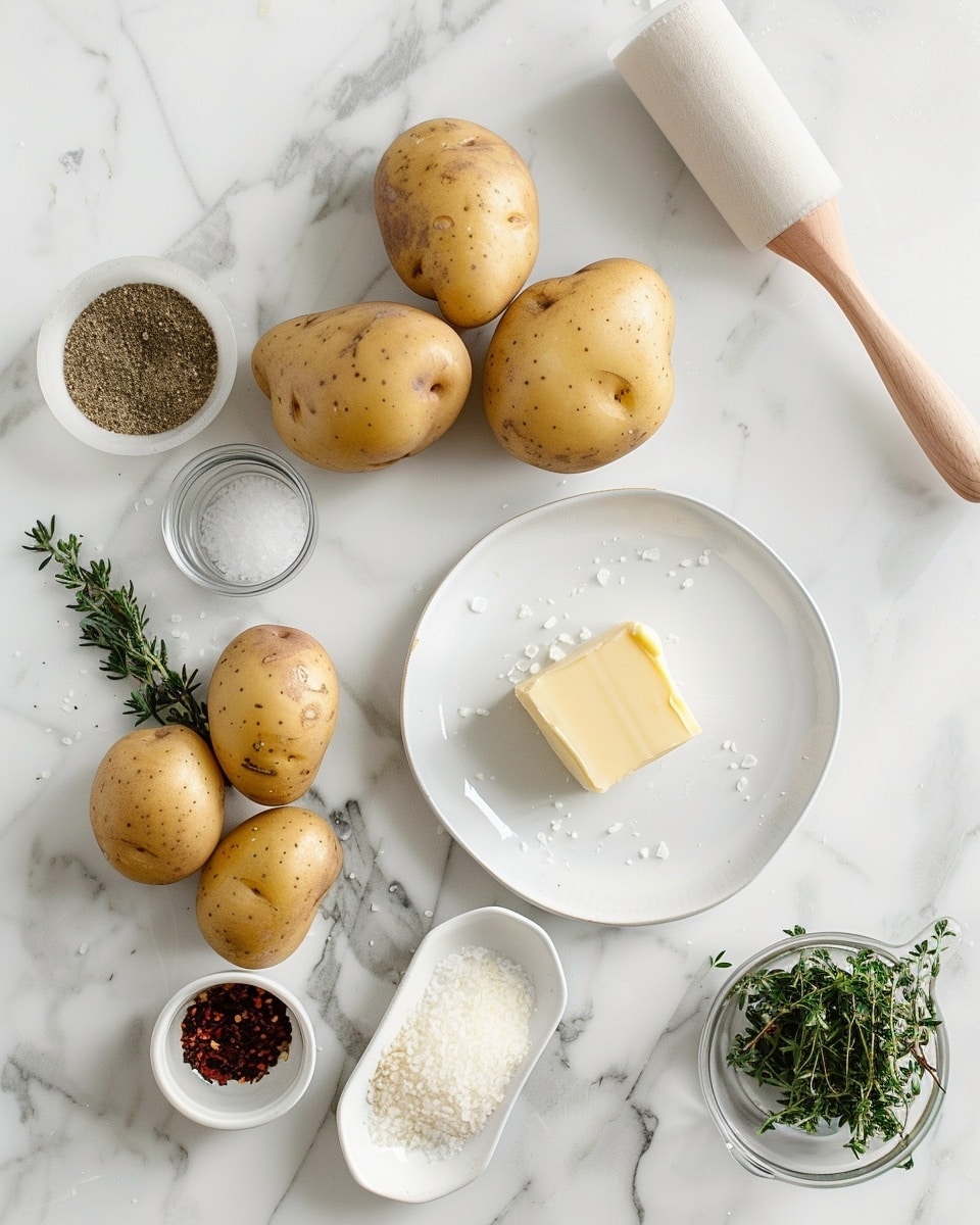 Single white plate featuring one portion of a golden Hasselback potato, thinly sliced with a crispy, seasoned exterior revealing tender cooked layers inside, topped with freshly grated Parmesan cheese and delicate sprigs of thyme, natural light highlighting the texture and rich color contrast, placed on a white marble surface, intimate plated serving photo taken with an iphone --ar 4:5 --v 7