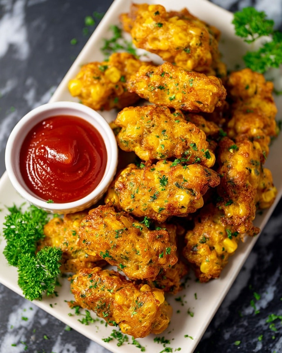 A white rectangular platter generously piled with a whole batch of crispy, golden corn fritters flecked with fresh green herbs, showcasing their textured, crunchy exterior with visible corn kernels, all lightly garnished with chopped parsley scattered around the platter edges, accompanied by a small white dipping bowl filled with vibrant red sauce, the entire scene set against a clean white marble countertop under natural lighting, styled as an inviting hero shot from a high-end food magazine, photo taken with an iphone --ar 4:5 --v 7