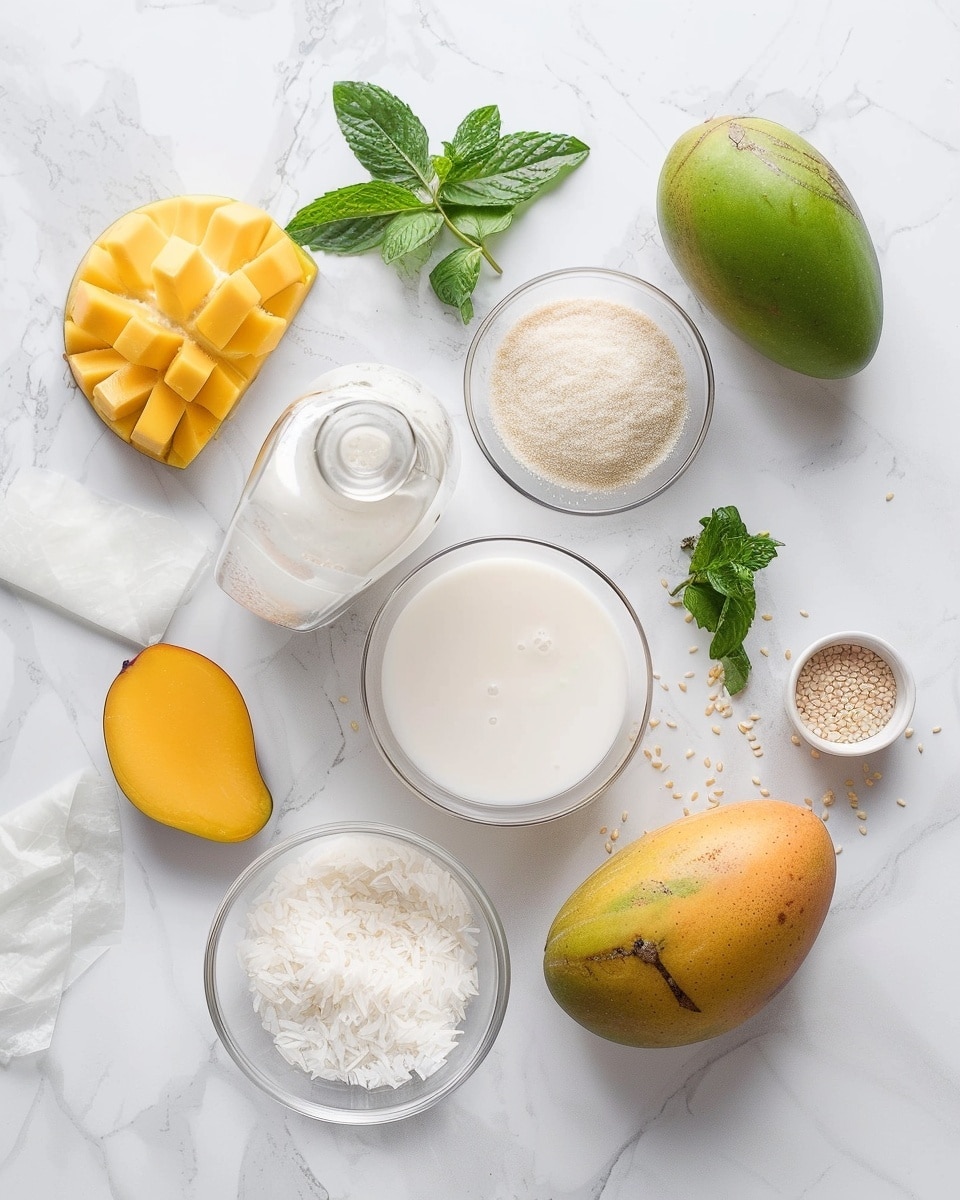 Single white plate showcasing one neatly rolled mango sticky rice dessert portion, sliced to reveal the sticky, glutinous rice interior infused with mango essence and topped generously with sweet mango sauce and sprinkled toasted sesame seeds, garnished with a fresh mint leaf for contrast, captured in natural lighting on a white marble background, close-up angled shot emphasizing the glossy texture and layers, styled like a food blog individual serving, photo taken with an iphone --ar 4:5 --v 7