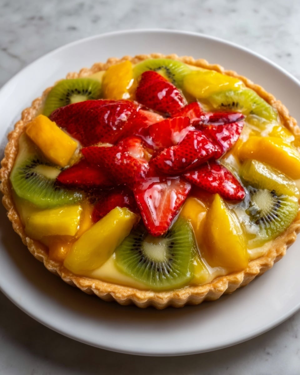 Whole fresh fruit tart displayed on a pristine white plate, featuring a perfectly round, golden-brown pastry crust filled with smooth, creamy custard and topped with an artful arrangement of vibrant, glossy slices of kiwi, strawberry, and mango, creating a colorful mosaic that highlights the freshness of each fruit. The tart is shown complete and uncut, photographed from a 3/4 angle on a clean white marble surface with natural lighting to emphasize the textures and colors, styled like a hero shot from a food magazine, photo taken with an iphone --ar 4:5 --v 7