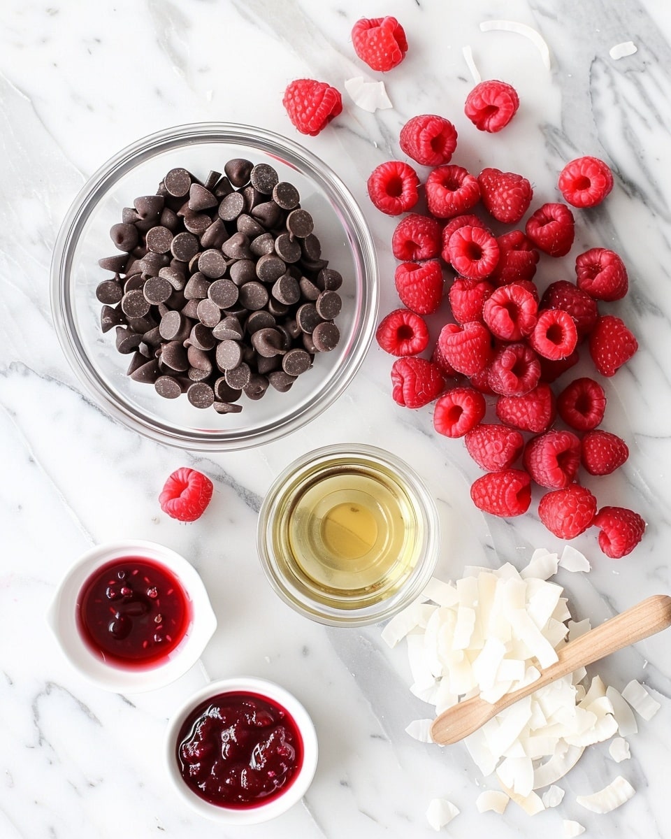 Single white plate with a close-up view of one chocolate cup dessert filled with glossy red raspberry jam, topped with a swirl of smooth dark chocolate ganache and a fresh vibrant raspberry on top, the texture of the chocolate shell and the thick jam filling visible to reveal richness and contrast, placed on a white marble surface with natural lighting, styled as an elegant individual serving from a food blog, photo taken with an iphone --ar 4:5 --v 7