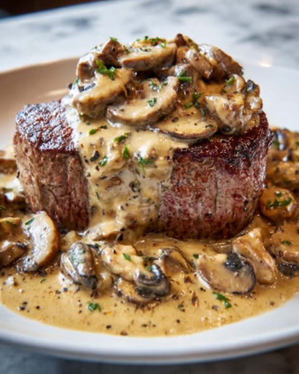 A large white plate showcasing a whole, thick grilled filet mignon topped generously with a creamy mushroom sauce filled with sautéed sliced mushrooms, black pepper specks visible in the sauce, the steak seared beautifully with a rich brown crust and juicy texture, the full uncut steak presented in a clean, elegant style on a white marble background with natural daylight illuminating the glossy sauce and tender meat, professional food magazine hero shot, photo taken with an iphone --ar 4:5 --v 7