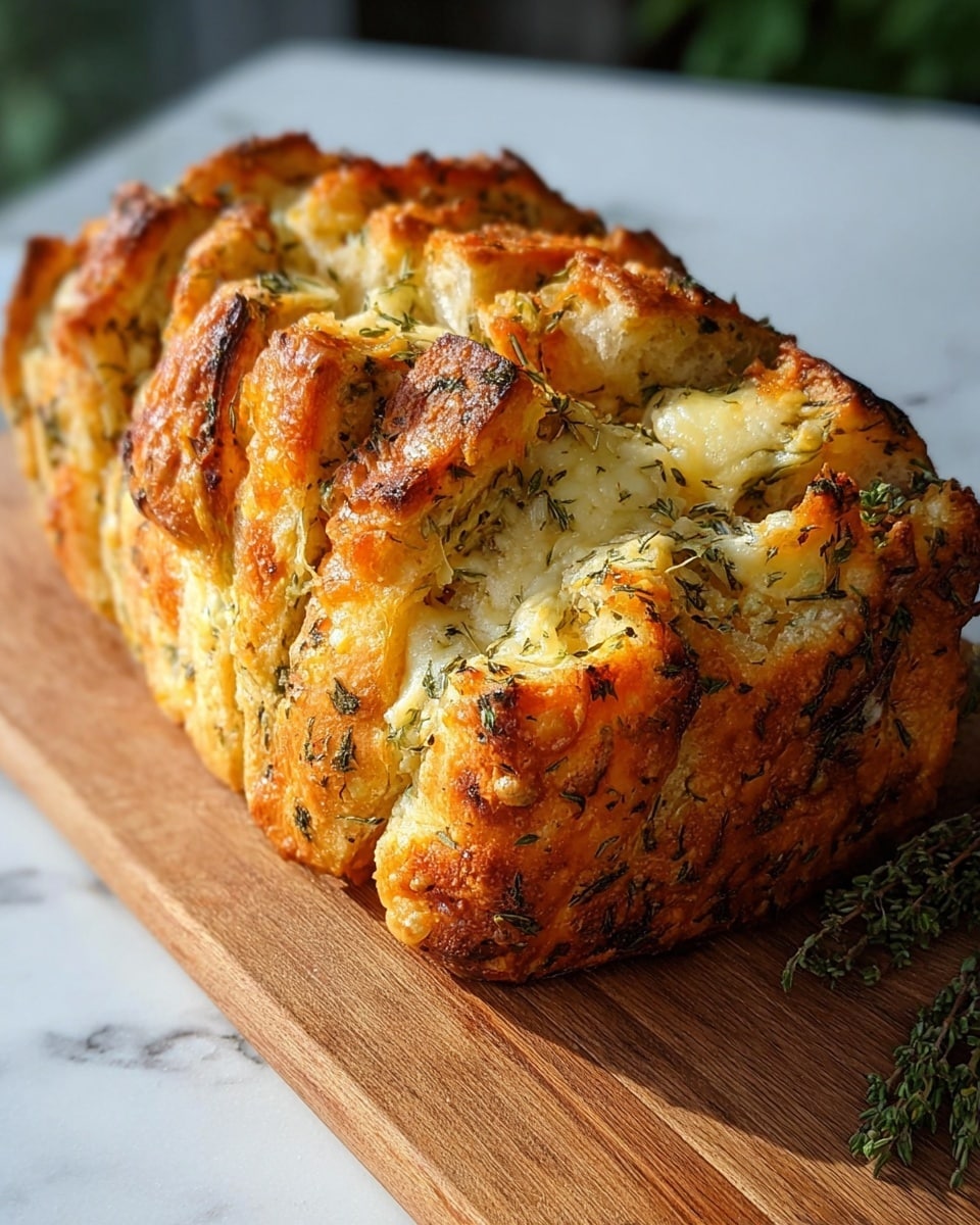 Whole herb and cheese pull-apart bread loaf, golden brown and freshly baked with visible herbs and melted cheese bubbling through the soft, tender crumb, arranged on a white wooden board with rustic texture, captured in natural lighting with a white marble background, professional food styling photo taken from a 3/4 angle, photo taken with an iphone --ar 4:5 --v 7
