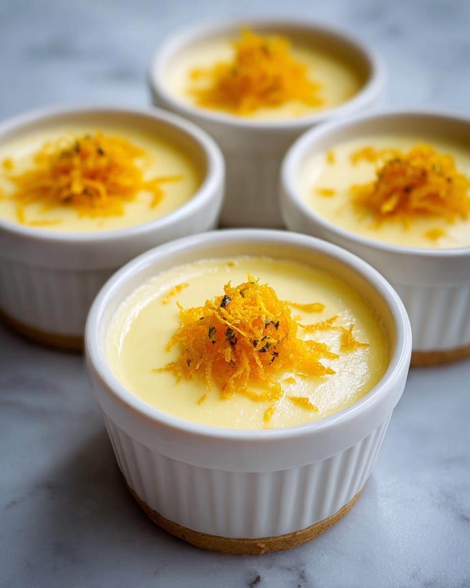 A set of four white ceramic ramekins filled with smooth, creamy lemon custard, each topped with a generous mound of vibrant orange lemon zest, arranged neatly together on a white marble countertop. The custard has a glossy, velvety surface, showing no portions removed, emphasizing the whole presentation. Natural light highlights the bright contrast between the pale custard and the vivid zest, with a professional 3/4 angle shot to capture the full ensemble, styled like a hero shot from a food magazine. Photo taken with an iphone --ar 4:5 --v 7