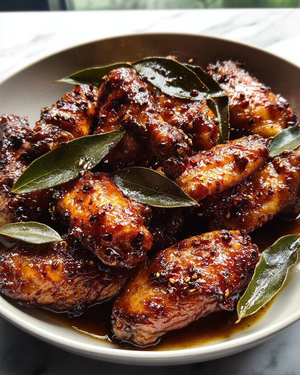 Large white serving bowl filled with a whole batch of sticky glazed chicken wings richly coated in a shiny, dark, spiced sauce with visible peppercorns and whole bay leaves scattered throughout, the wings arranged to showcase a caramelized, crisped exterior, photographed from a 3/4 angle on a white marble countertop with natural lighting, professional food magazine hero shot photo taken with an iphone --ar 4:5 --v 7