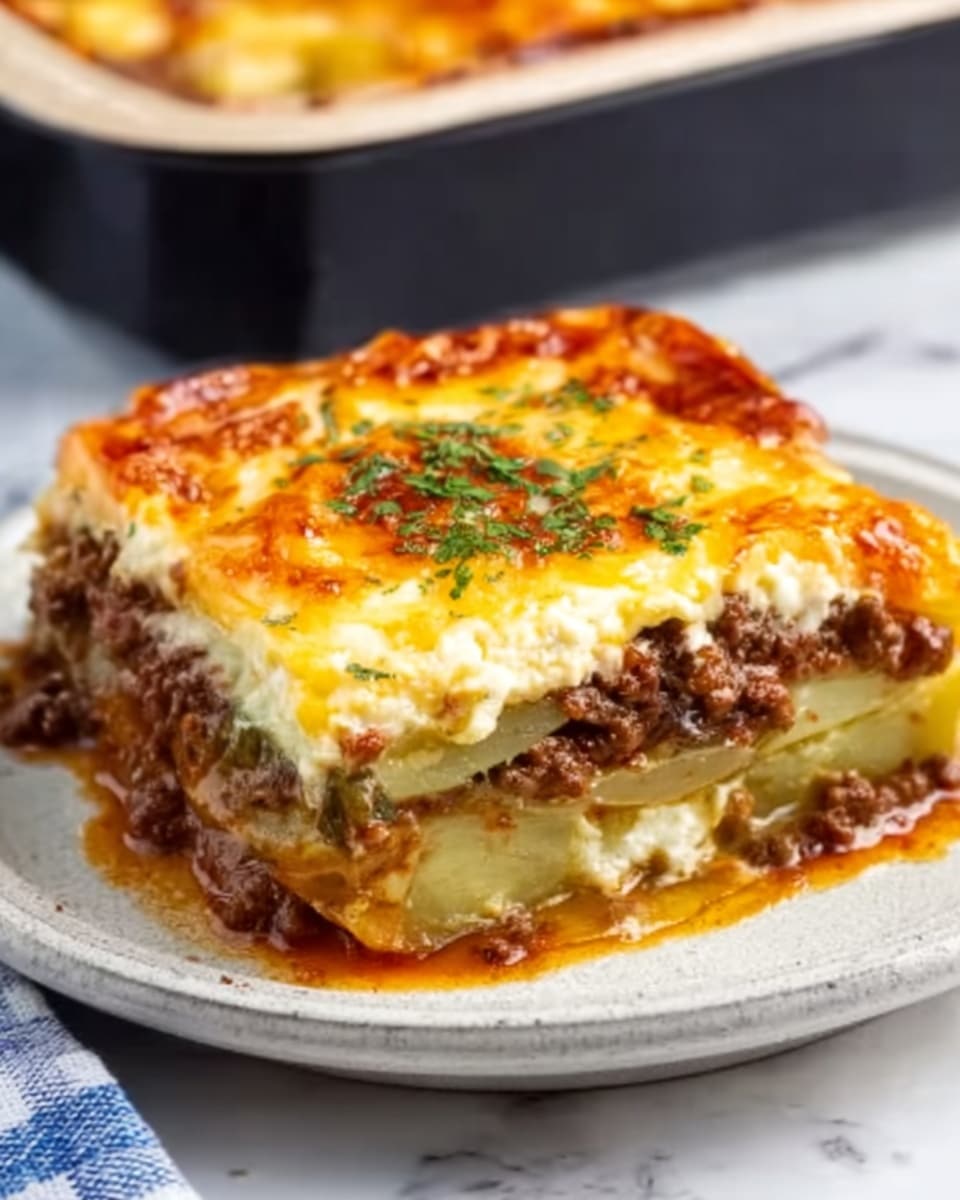 Large black rectangular baking dish filled with a cheesy vegetable and meat casserole, featuring a golden-browned melted cheese crust on top, layered with visible slices of zucchini, ground meat, and creamy sauce, presented as a whole freshly baked dish, photographed from a slight 3/4 angle on a white marble countertop with natural lighting, styled like a hero shot from a food magazine, photo taken with an iphone --ar 4:5 --v 7