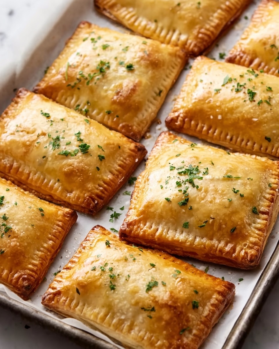 A large white rectangular baking tray filled with a full batch of golden-brown, perfectly baked rectangular hand pies, each one showing crimped edges and a shiny, flaky buttery crust, lightly sprinkled with fresh green herbs on top, arranged neatly in rows, photographed at a 3/4 angle to capture the texture and color contrast against a white marble background with natural lighting, professional food magazine hero shot, photo taken with an iphone --ar 4:5 --v 7