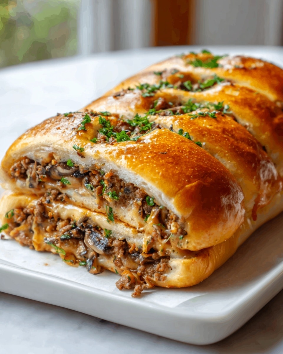 A large white rectangular serving platter showcasing a whole, freshly baked stuffed bun with its golden, glossy crust unbroken, perfectly round and plump, highlighting the rich, savory filling of seasoned ground beef, sautéed mushrooms, chopped green herbs, and melted cheese visible through a small steam vent on top, arranged on a pristine white marble surface under soft natural lighting, styled as a hero shot in a food magazine --ar 4:5 --v 7