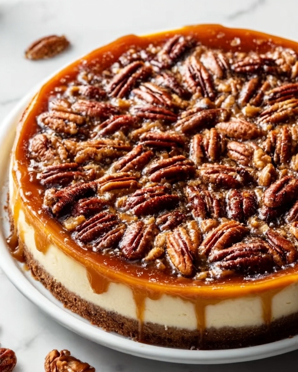 A whole round cheesecake presented in a white ceramic baking dish, topped generously with a glossy layer of caramel and an abundant arrangement of whole pecans evenly spread across the surface, the crust visible and intact along the edge, all showcased in a professional 3/4 angle shot with natural lighting emphasizing the rich textures and warm tones, set on a white marble background, highlighting the complete, uncut dessert in a clean and elegant style, photo taken with an iphone --ar 4:5 --v 7