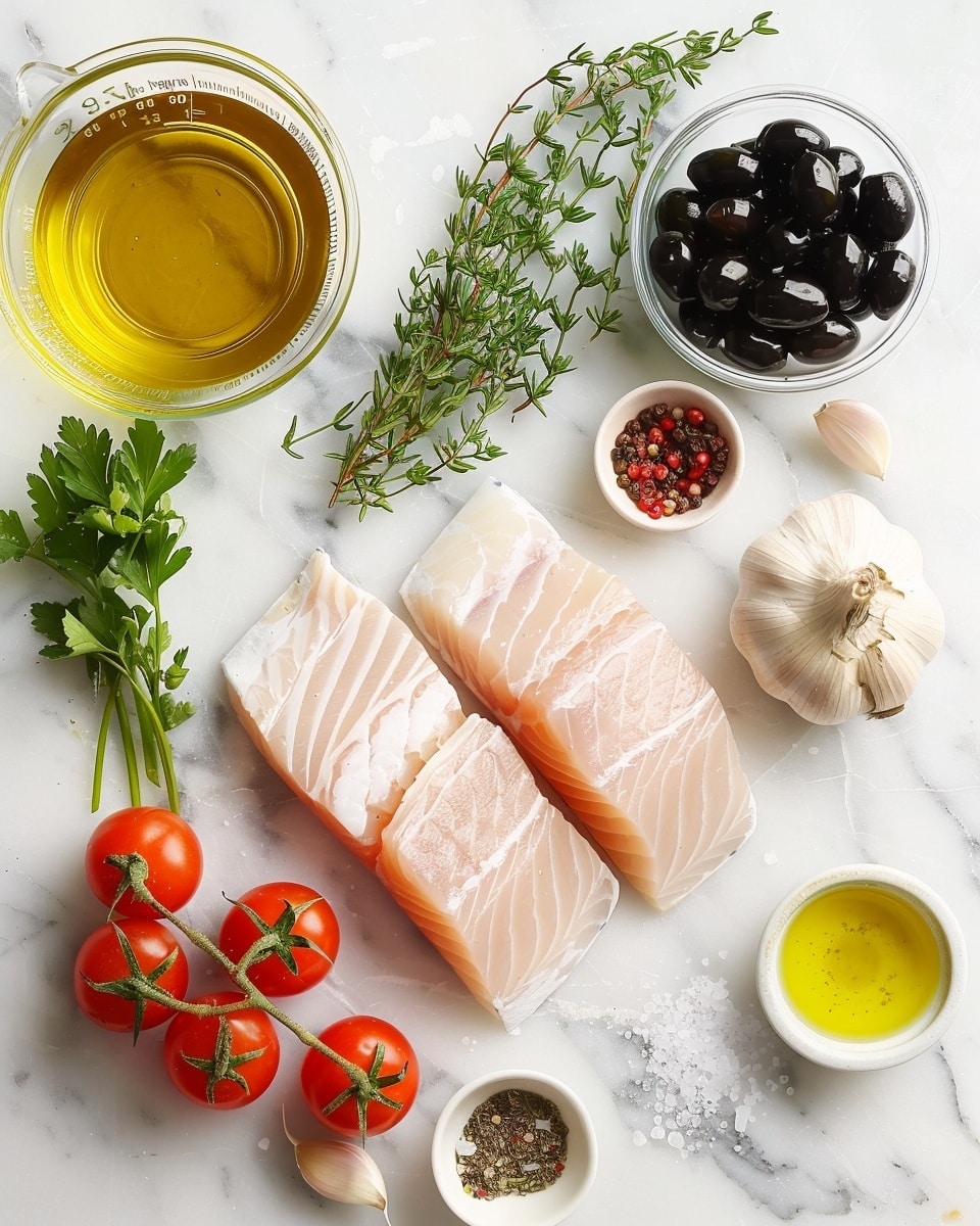 Single white plate featuring a perfectly cooked fillet of white fish nestled in a vibrant tomato sauce, garnished with capers, black olives, and a generous sprinkle of fresh chopped parsley, the fish seasoned with cracked black pepper and showing its tender, flaky texture on the surface, close-up angled shot emphasizing the glossy sauce and fresh herbs, set on a white marble background under natural lighting, styled as an intimate plated serving ready to eat, photo taken with an iphone --ar 4:5 --v 7