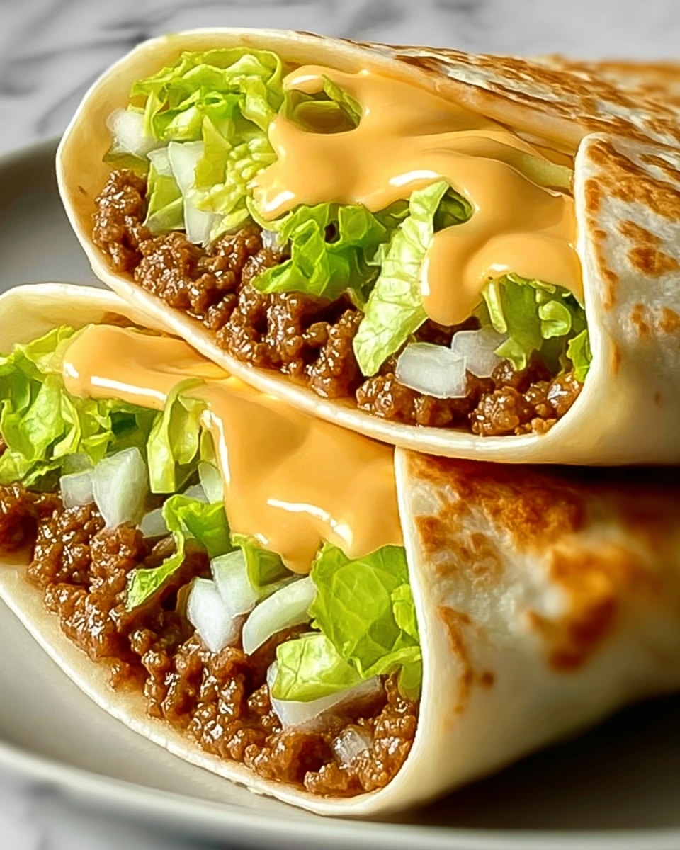 Two whole soft taco wraps placed side by side on a large white plate, each generously filled with seasoned ground beef, fresh crisp lettuce, diced white onions, and topped with creamy orange cheddar cheese sauce, the warm tortillas slightly toasted to a golden hue, photographed from a 3/4 angle with natural lighting on a white marble countertop, styled as a hero shot from a food magazine, photo taken with an iphone --ar 4:5 --v 7