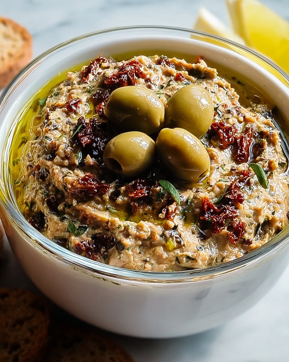 Large white bowl filled with a creamy, textured Mediterranean olive tapenade spread, generously mixed with sun-dried tomatoes and herbs, glistening with a drizzle of golden olive oil, topped with whole green olives, whole dish photographed from a 3/4 angle on white marble countertop, natural lighting, professional food magazine hero shot photo taken with an iphone --ar 4:5 --v 7