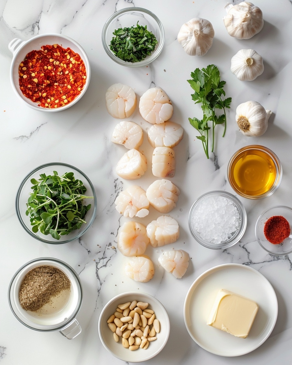 Single white plate featuring three perfectly seared scallops resting on a vibrant red tomato-based sauce with visible herbs, arranged artfully with fresh microgreens and a scattering of toasted pine nuts, close-up angled view highlighting the golden crust and tender interior of the scallops, natural light illuminating the textures against a white marble background, styled as an elegant plated serving ready to eat, photo taken with an iphone --ar 4:5 --v 7