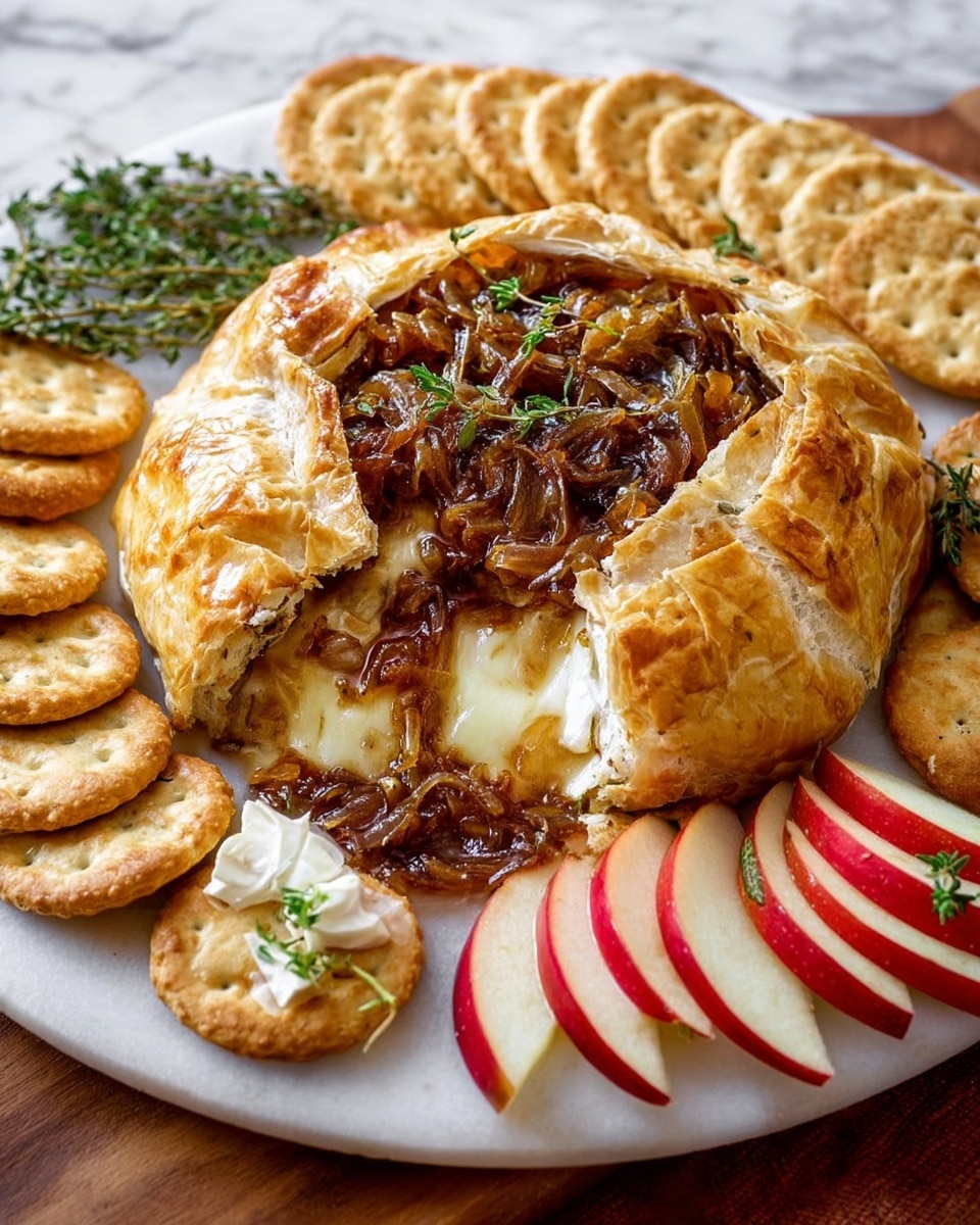 Whole baked puff pastry-wrapped baked brie cheese, golden and flaky on the outside, topped with caramelized onions and fresh thyme sprigs, presented on a white serving platter surrounded by an array of round herb crackers and neatly sliced red apple wedges, shot from a 3/4 angle with a white marble background and natural lighting for a professional food magazine hero shot, photo taken with an iphone --ar 4:5 --v 7