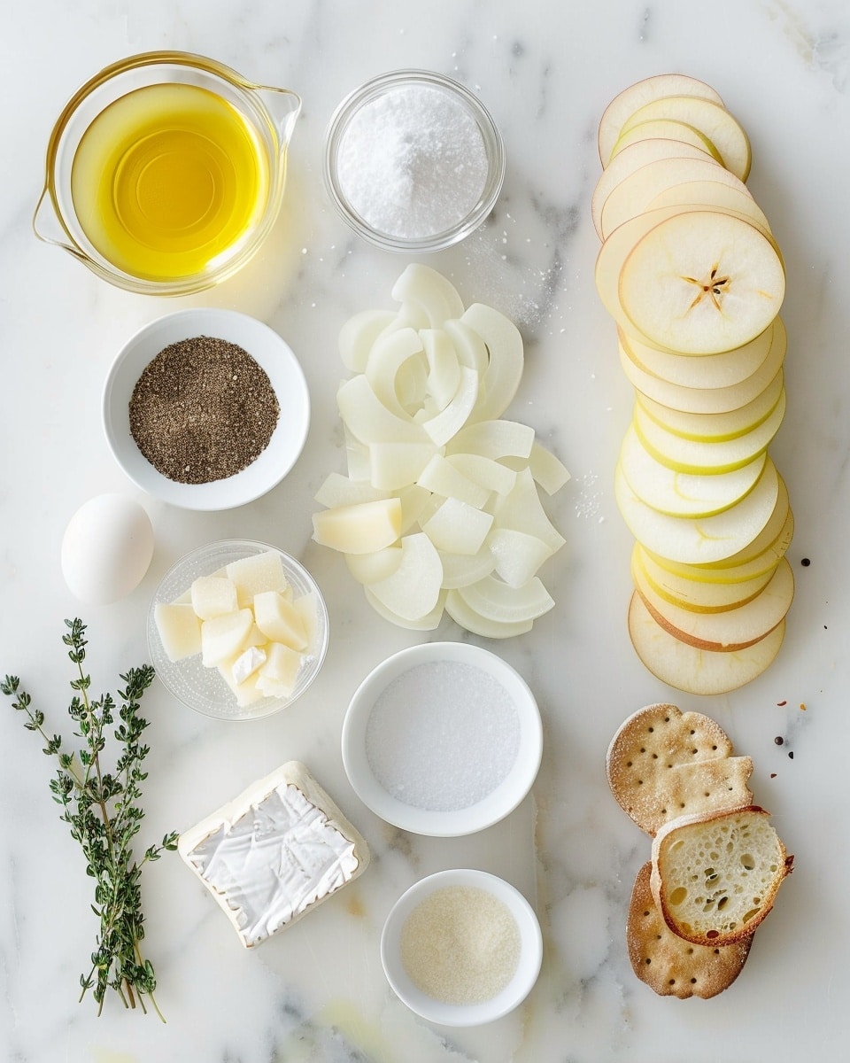 A single white plate featuring one generous portion of baked brie en croute, showcasing the golden, flaky puff pastry sliced open to reveal warm, melted brie cheese oozing out, topped with a layer of caramelized onions that glisten with rich sweetness and fresh thyme sprigs for garnish, accompanied by a few round crackers and thinly sliced red apple wedges arranged artfully on the side, all set on a white marble surface with natural lighting highlighting the textures and layers of the cheese and pastry, intimate plated serving photo taken with an iphone --ar 4:5 --v 7