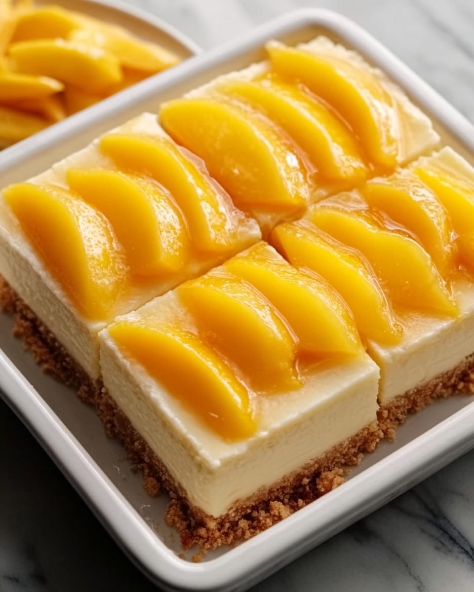 Whole square mango cheesecake neatly presented in a white rectangular baking dish, topped with evenly arranged fresh, glossy mango slices on a smooth creamy layer with a firm golden-brown graham cracker crust visible around the edges, shot at a 3/4 angle on a white marble surface under natural light, styled as a professional food magazine hero shot, photo taken with an iphone --ar 4:5 --v 7