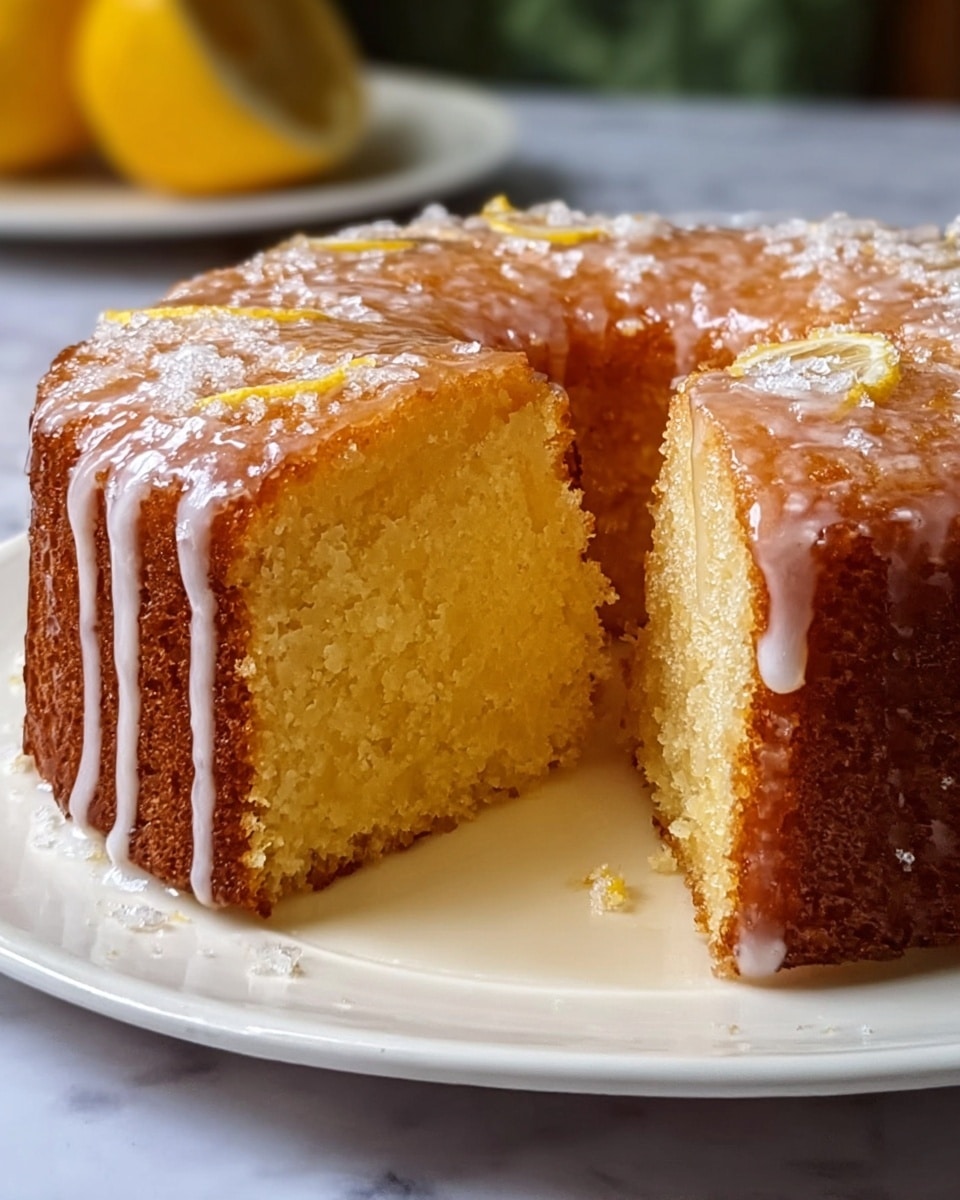 Whole, uncut round lemon drizzle cake with a glossy drizzle of sweet lemon glaze cascading down the sides, perfectly golden brown crust with a soft, moist, and fluffy interior visible through a cross-section, presented on a clean white plate, photographed from a 3/4 angle with a white marble background, natural lighting highlighting the texture and shine, professional food styling photo taken with an iphone --ar 4:5 --v 7