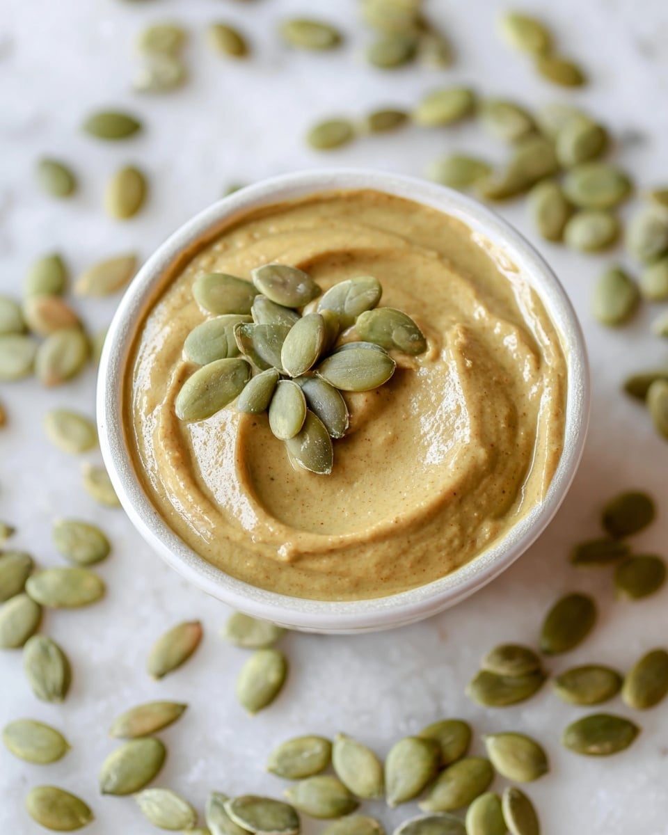 A large white jar filled to the brim with creamy pumpkin seed butter, topped with a small cluster of whole, shelled green pumpkin seeds, surrounded by scattered pumpkin seeds on a white marble countertop, natural lighting highlighting the smooth texture and earth tones of the butter, professional overhead food magazine style photo taken with an iphone --ar 4:5 --v 7