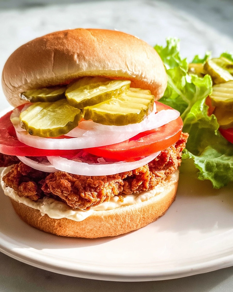 Large white plate holding a whole freshly assembled fried chicken sandwich with a golden crispy chicken fillet nestled inside a soft hamburger bun, topped with crisp lettuce, thick slices of ripe tomato, white onion rings, and several crinkle-cut pickle slices spread evenly over creamy mayonnaise on the top bun, whole sandwich perfectly centered against a white marble background with natural lighting, professional food magazine hero shot, photo taken with an iphone --ar 4:5 --v 7