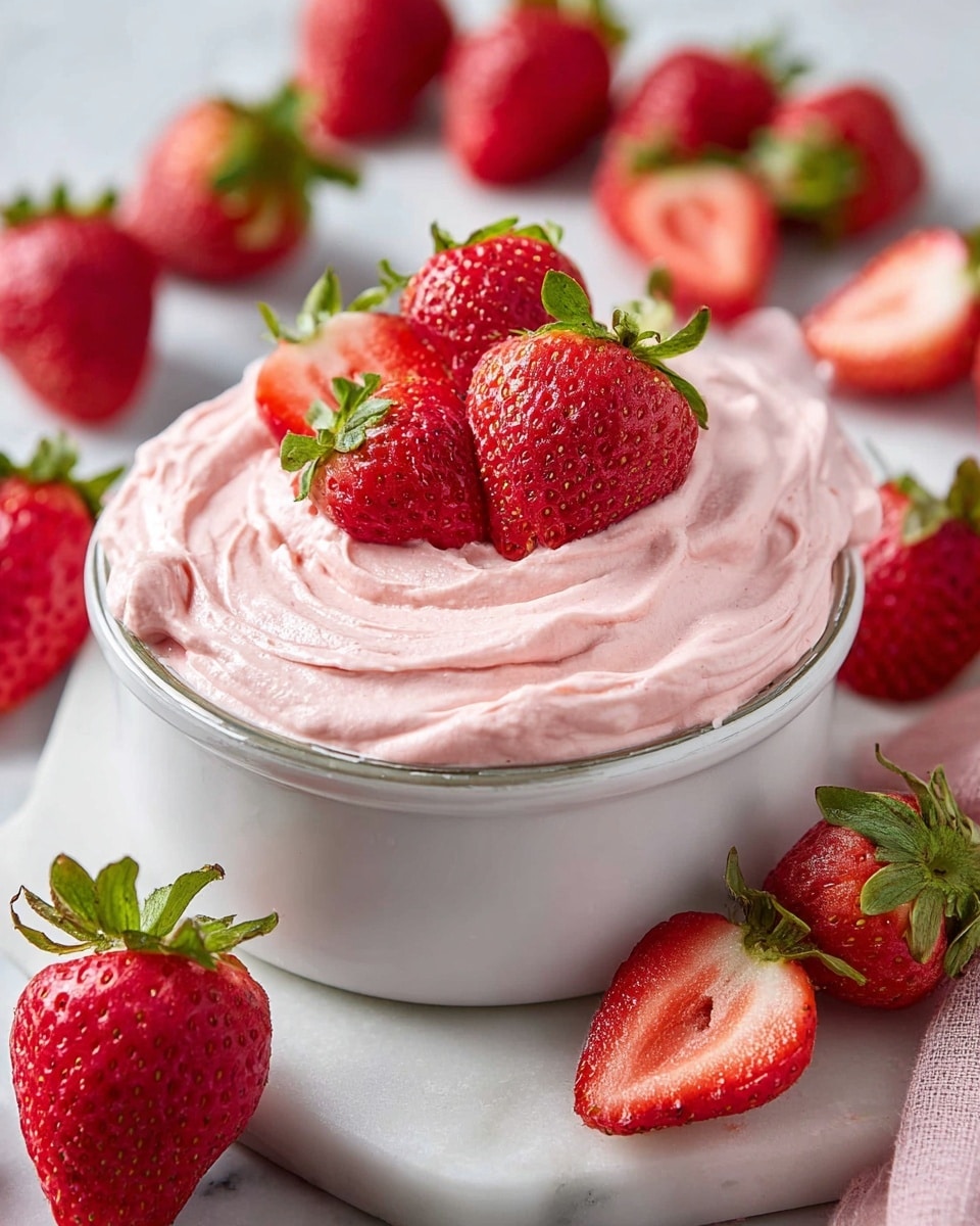 Large white ceramic bowl filled with smooth, creamy strawberry mousse, garnished with whole fresh strawberries arranged artfully on top and around the bowl, surrounded by additional whole and halved ripe strawberries scattered on a white marble countertop, natural lighting highlighting vibrant red and soft pink hues, professional food styling shot taken at a 3/4 angle, entire dish in frame, photo taken with an iphone --ar 4:5 --v 7