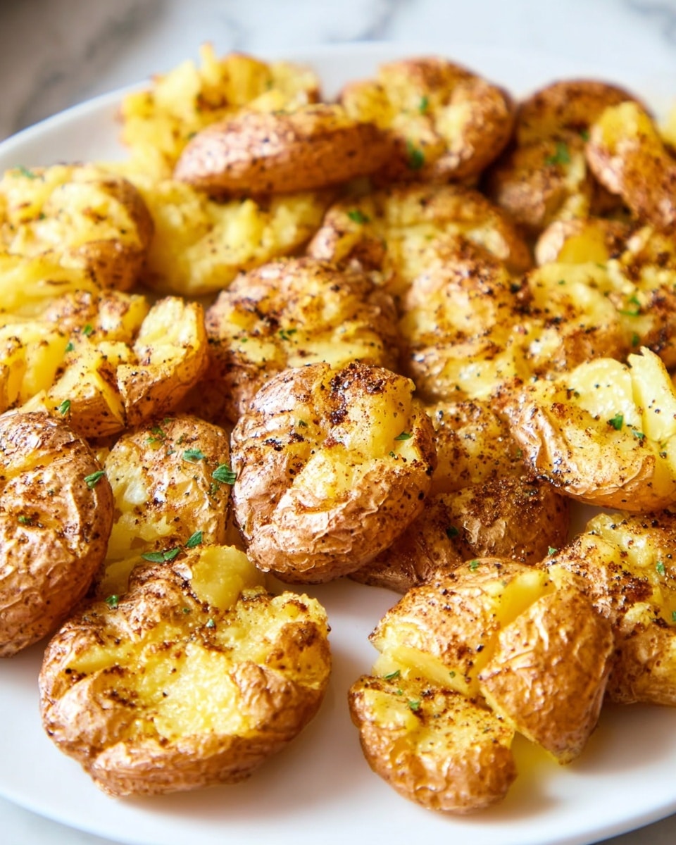 Large white serving platter filled with a whole batch of golden smashed crispy potatoes, each perfectly smashed and roasted to a light brown, sprinkled generously with cracked black pepper and spices, showcasing their textured, slightly cracked surface and fluffy interior peeking through, arranged evenly to fill the entire platter, photographed from a 3/4 angle on a white marble countertop with natural lighting, professional food magazine hero shot, photo taken with an iphone --ar 4:5 --v 7