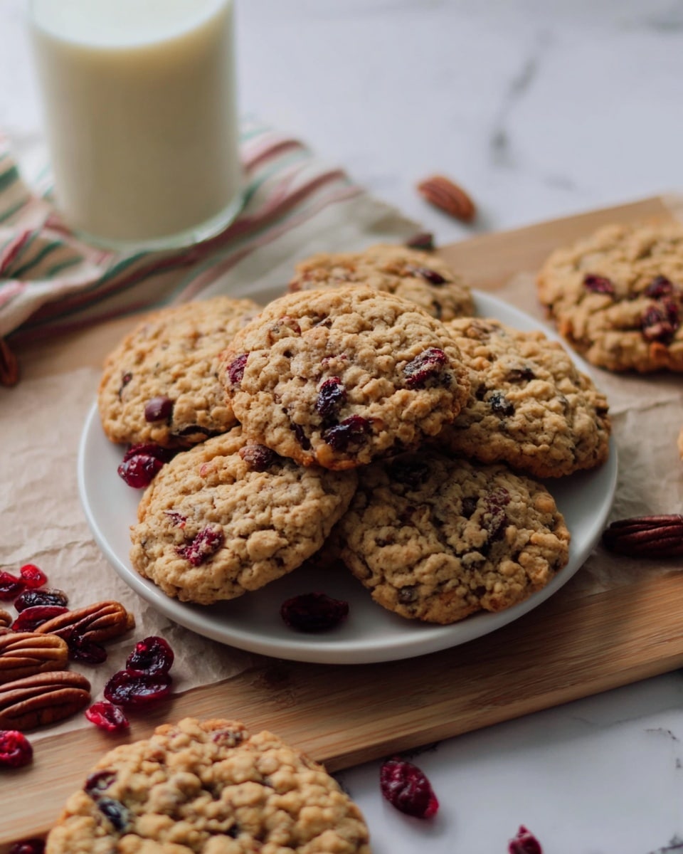 A large white ceramic platter filled with a generous batch of freshly baked oatmeal cookies studded with dried cranberries and pecans, arranged appealingly to showcase their rustic texture and golden-brown edges, accompanied by whole pecans and a glass of milk, all styled on a white marble countertop with natural lighting for a warm, inviting food magazine hero shot, photo taken with an iphone --ar 4:5 --v 7