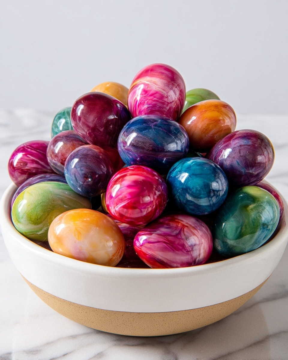 Large white ceramic bowl filled with a vibrant assortment of whole marbled Easter eggs, each egg displaying glossy, swirling patterns of rich colors including deep purples, vivid pinks, lush greens, bold blues, and soft oranges, arranged in an abundant, uncut pile. The eggs have a sleek, shiny finish that reflects natural light, enhancing the intricate marbling details. The entire bowl is photographed from a 3/4 angle on a white marble countertop with natural lighting, styled professionally like a hero shot for a food magazine, whole dish in full frame, photo taken with an iphone --ar 4:5 --v 7