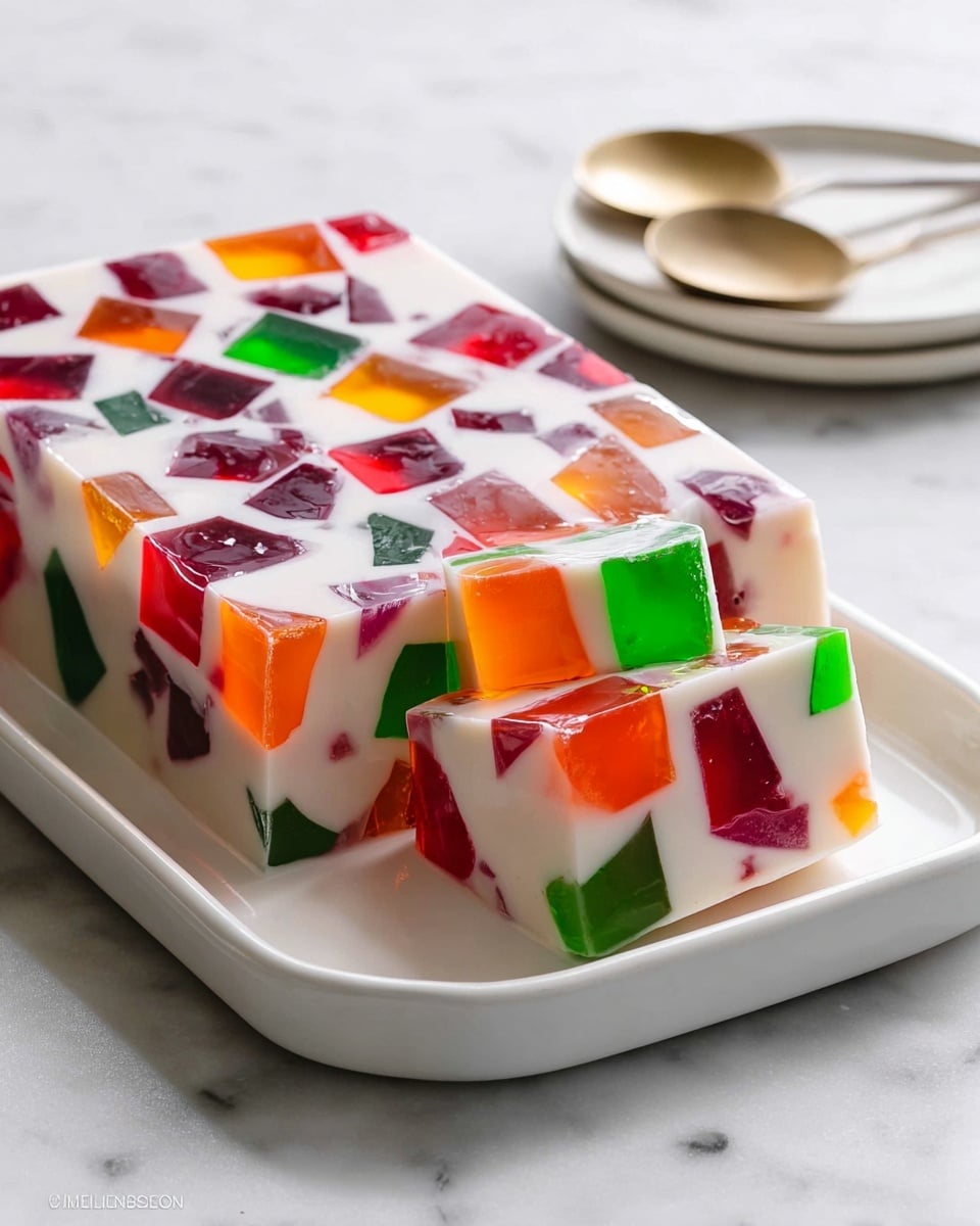 A large white rectangular serving dish filled with the entire uncut mosaic gelatin dessert, showing a smooth creamy white gelatin base embedded with vibrant, colorful translucent jelly cubes in red, green, orange, and purple throughout the whole block, with the full glossy surface intact and the dessert set perfectly in the dish, photographed from a 3/4 angle on a white marble countertop with natural lighting, styled like a hero shot in a food magazine, photo taken with an iphone --ar 4:5 --v 7