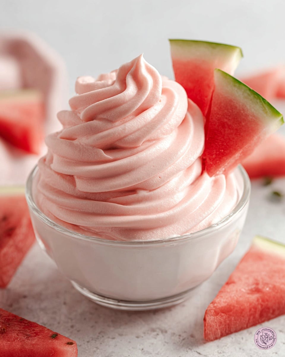 Large white serving bowl filled with creamy, smooth pink watermelon mousse swirled elegantly on top, garnished with fresh triangular watermelon wedges along the rim, whole dish displayed on a white marble countertop with natural lighting, professional food styling photo taken with an iphone --ar 4:5 --v 7