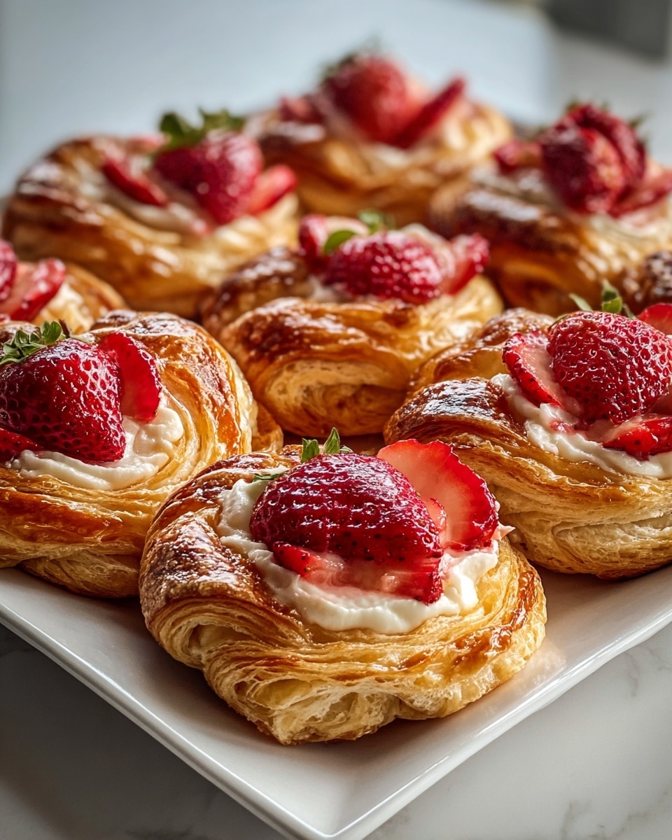 White serving platter filled with a full batch of freshly baked strawberry cream cheese Danish pastries, each with golden, flaky puff pastry layers topped with glossy strawberries and dollops of cream cheese filling, arranged neatly to showcase the entire collection, photographed from a 3/4 angle on a white marble countertop with natural lighting, professional food styling photo taken with an iphone --ar 4:5 --v 7