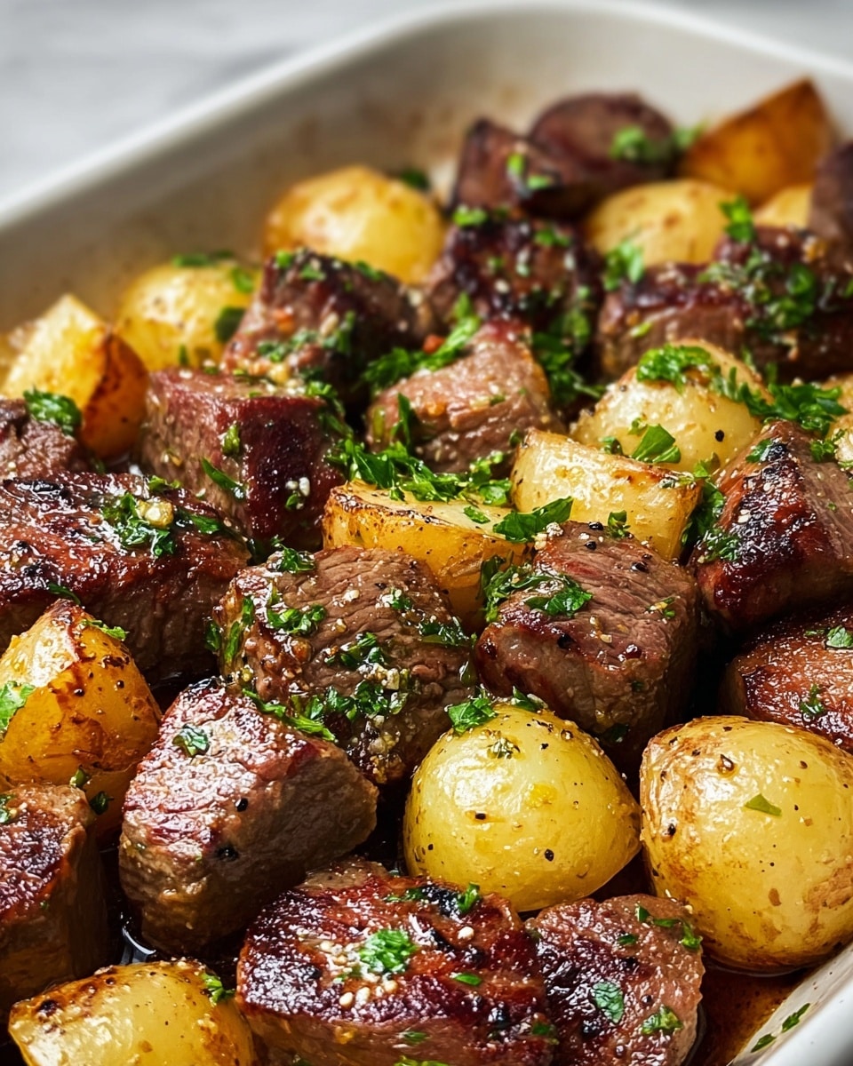 Large white baking dish filled with perfectly seared steak bites and golden roasted potatoes, seasoned with cracked black pepper and garnished generously with chopped fresh parsley, the entire dish evenly cooked and glistening with natural juices, presented on a white marble countertop under natural light, professional food styling photo taken with an iphone --ar 4:5 --v 7