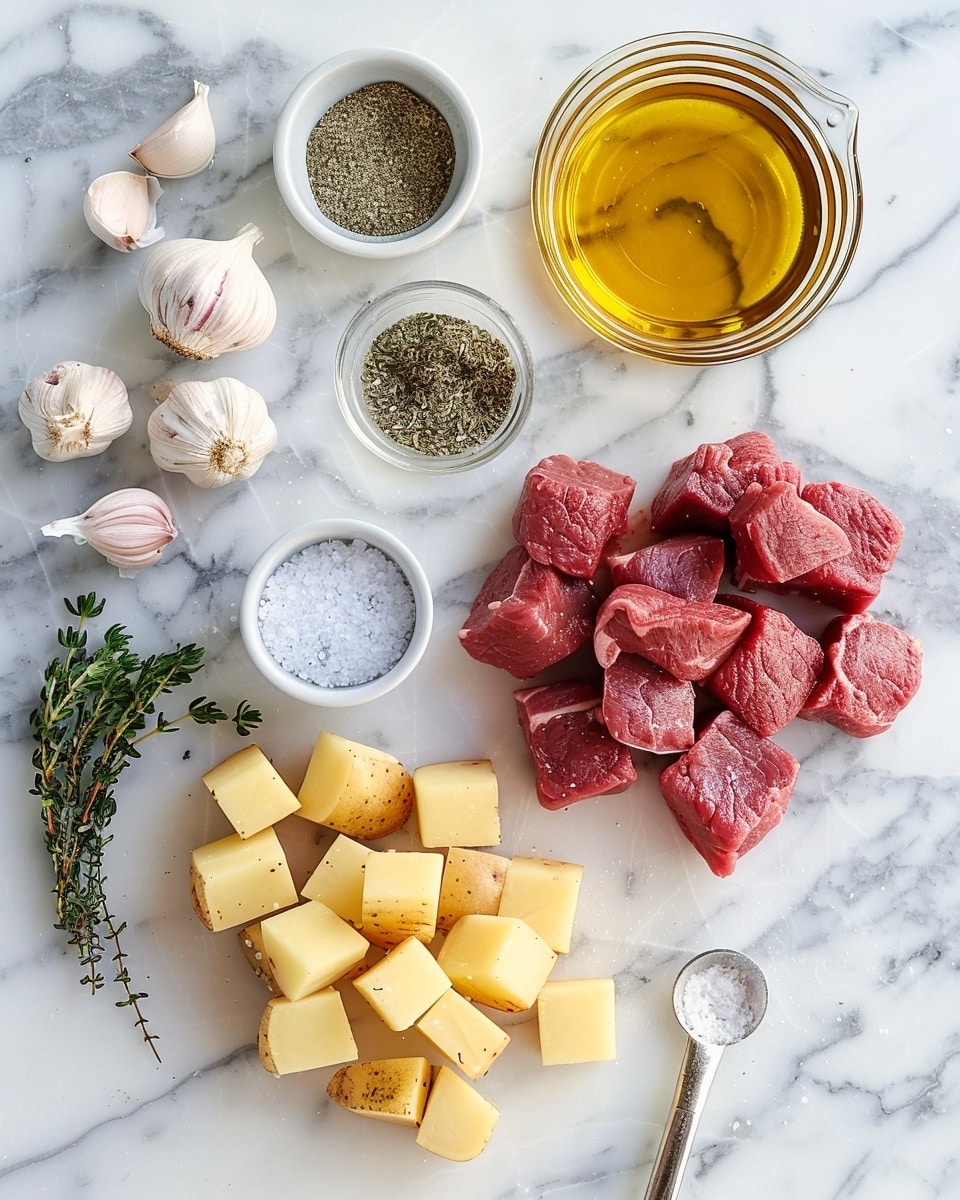 Single white plate featuring a generous portion of seared beef tips cooked to medium rare with visible pink centers, glistening with juices and sprinkled with fresh chopped parsley, accompanied by golden roasted potato chunks seasoned with cracked black pepper and herbs, angled close-up view emphasizing the tender meat texture and crispy potato edges, placed on white marble surface under natural lighting, styled as an inviting plated serving from a food blog, photo taken with an iphone --ar 4:5 --v 7