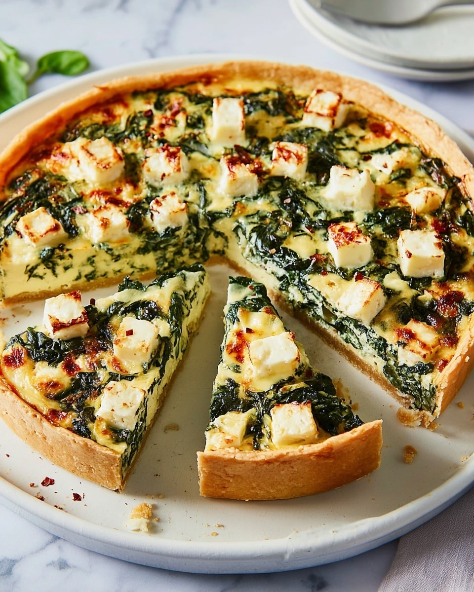 Whole spinach and feta quiche presented on a large white plate, featuring a perfectly baked golden crust and a rich filling dotted with generous cubes of creamy feta cheese and vibrant green spinach leaves, the entire quiche intact with a slightly browned, bubbly cheese topping, photographed from a 3/4 angle on a white marble surface under natural light, styled like a cover shot for a gourmet food magazine, photo taken with an iphone --ar 4:5 --v 7