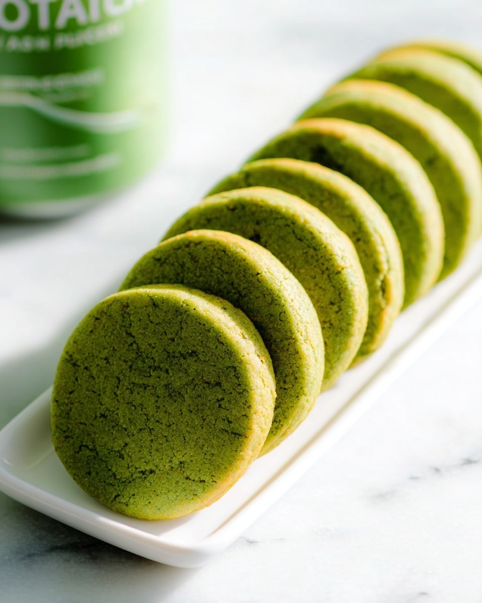 A white rectangular serving plate filled with an abundance of round, matcha green tea cookies, perfectly baked with slight golden edges, arranged neatly in overlapping rows to show the full spread of the whole batch, set on a white marble countertop under natural lighting, styled professionally like a hero shot from a food magazine, photo taken with an iphone --ar 4:5 --v 7