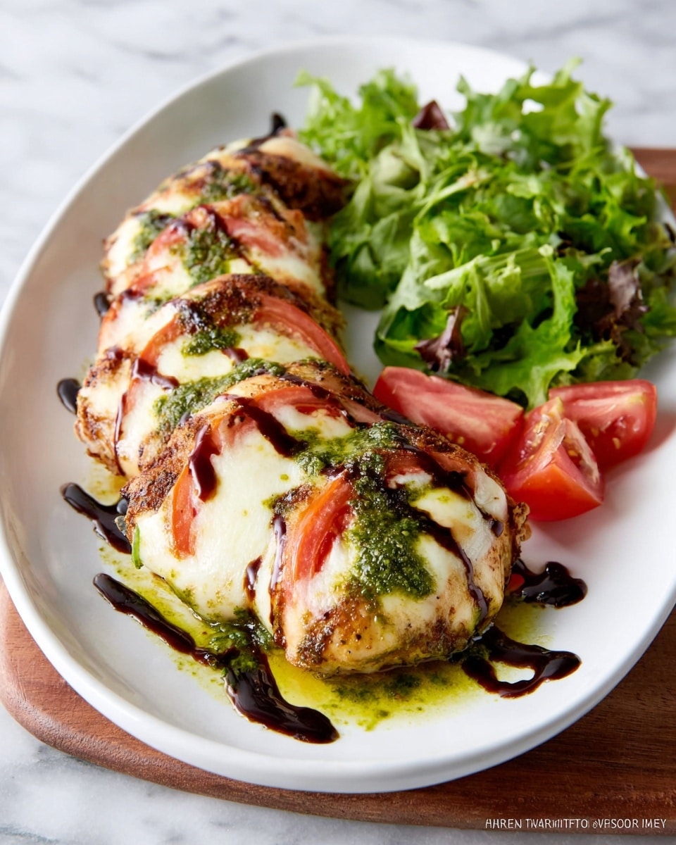 Large white serving dish filled with a full portion of baked chicken topped with melted mozzarella cheese, thick slices of fresh tomato, and a vibrant green basil pesto drizzle, richly accented by a balsamic glaze artistically drizzled over the entire dish, complemented by fresh mixed greens on the side, whole dish photographed from a 3/4 angle on a white marble countertop, professional natural lighting food magazine style hero shot photo taken with an iphone --ar 4:5 --v 7
