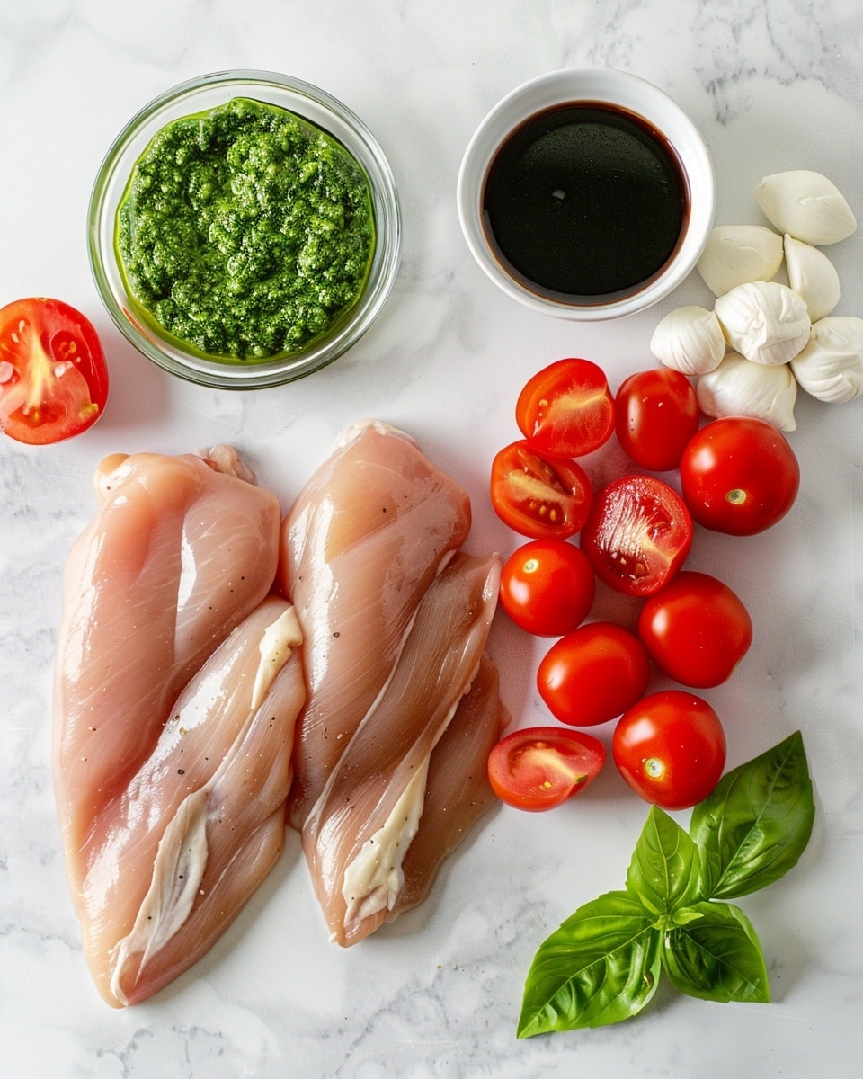 Single white plate featuring a plated portion of two stacked pesto and mozzarella chicken medallions topped with melted cheese and sliced tomato, drizzled with a rich balsamic glaze, close-up angled shot revealing melted cheese texture and vibrant green pesto layers, accompanied by fresh green lettuce leaves for garnish, set on a white marble background with natural lighting, styled like a food blog serving ready to eat, photo taken with an iphone --ar 4:5 --v 7