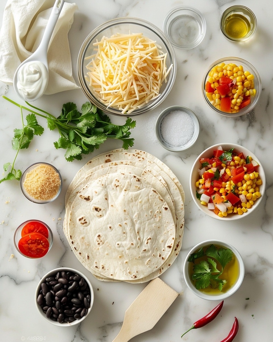 Single white plate showing one slice of quesadilla with a golden toasted tortilla folded over a colorful filling of melted cheddar cheese, black beans, corn, and diced tomatoes, topped with a dollop of sour cream, sliced fresh jalapeños, chopped scallions, and a small spoonful of red salsa, garnished with a sprig of cilantro, close-up angled view revealing the textured layers and melted cheese inside, placed on a white marble background with natural lighting, styled like a food blog serving photo taken with an iphone --ar 4:5 --v 7