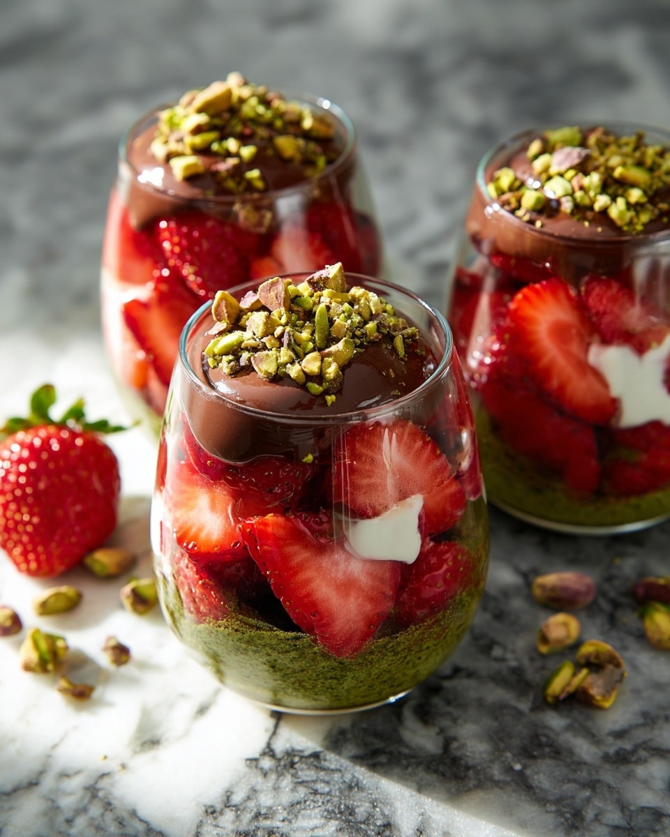 Three large white serving glasses filled with layers of fresh sliced strawberries, vibrant green matcha powder, and smooth rich chocolate ganache, generously topped with a sprinkle of chopped pistachios, arranged together on a white marble countertop with natural lighting, styled as a complete set showcasing the full dessert presentation, professional food magazine hero shot photo taken with an iphone --ar 4:5 --v 7